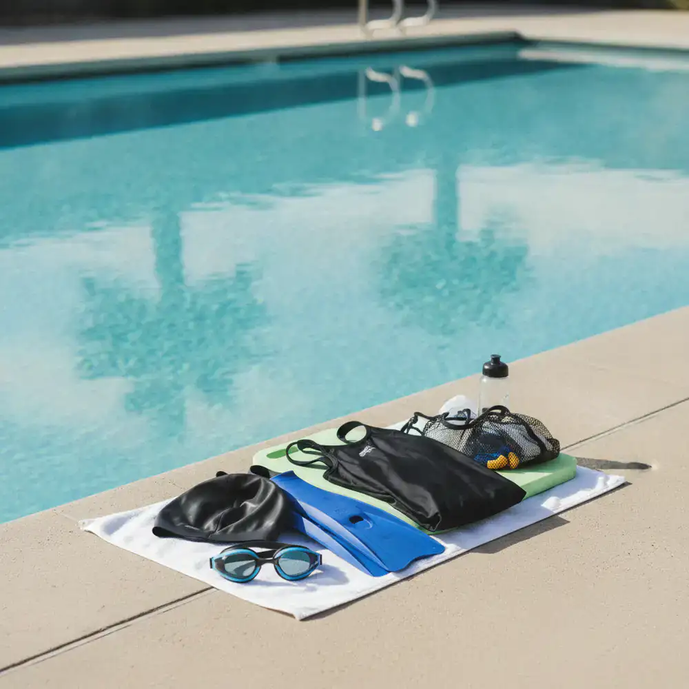 Swim gear laid out next to a pristine swimming pool