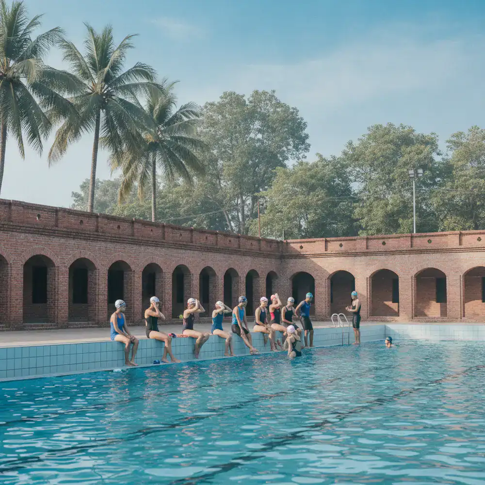 Group of swimmers preparing for training in a Bangladeshi pool facility