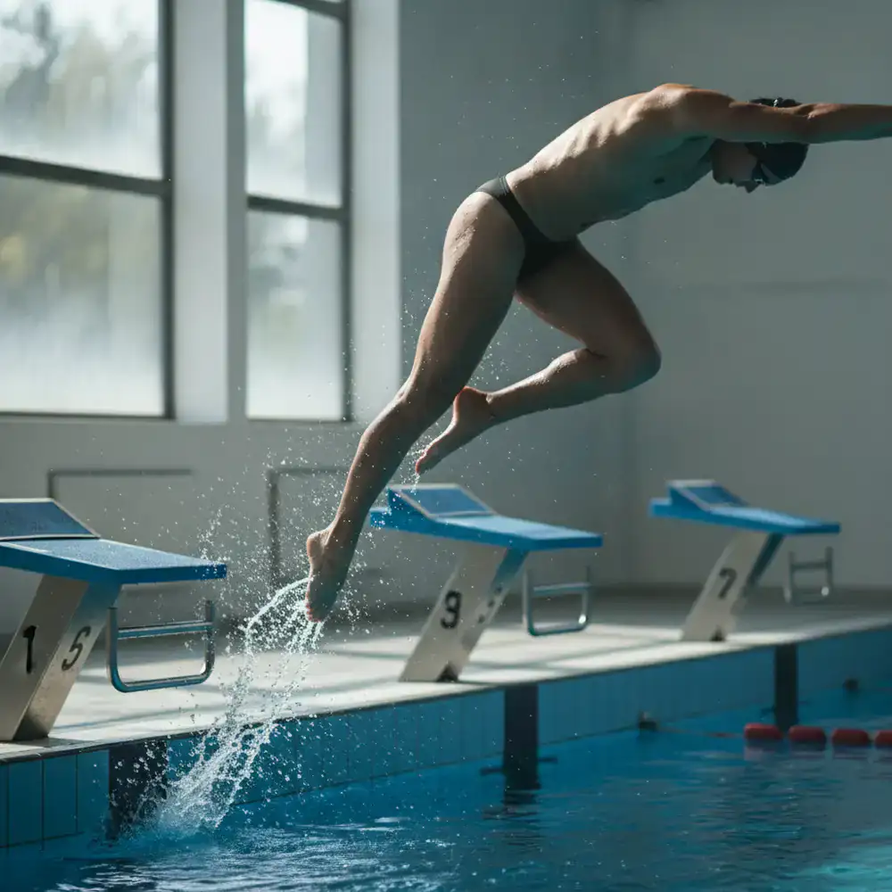 Swimmer diving off a starting block in sharp focus