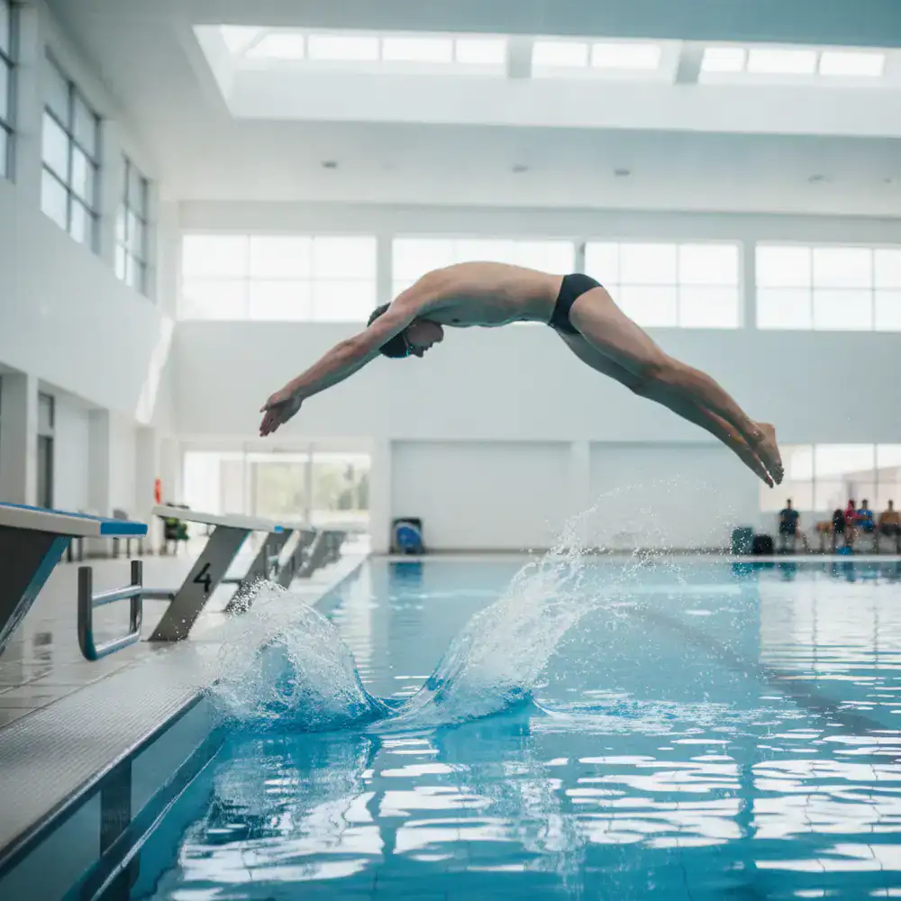 Swimmer diving into a competitive pool