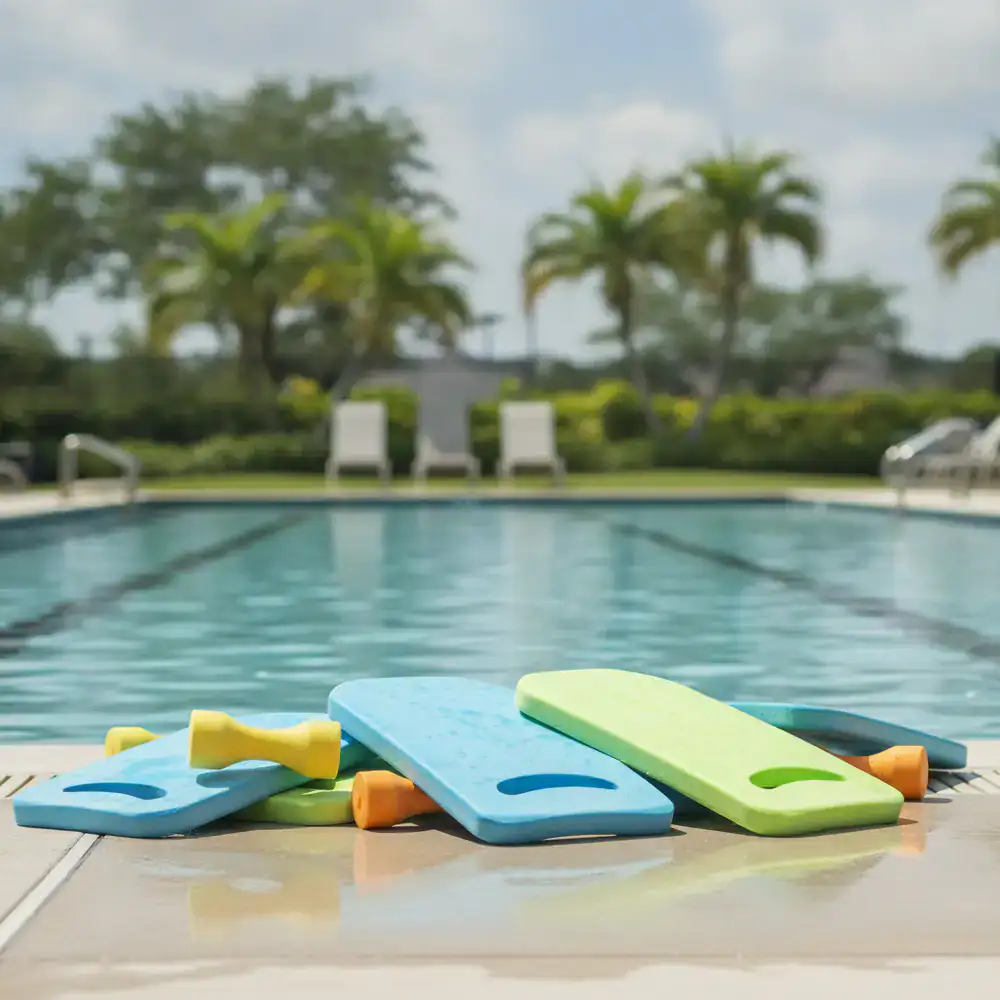 Swimming kickboards and pull buoys by the pool