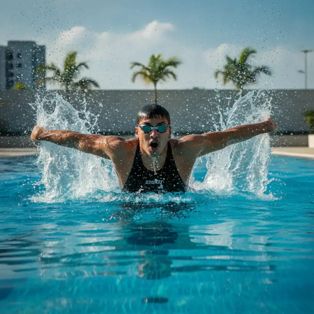 Competitive swimmer breaking the surface of a clear blue pool in Dhaka