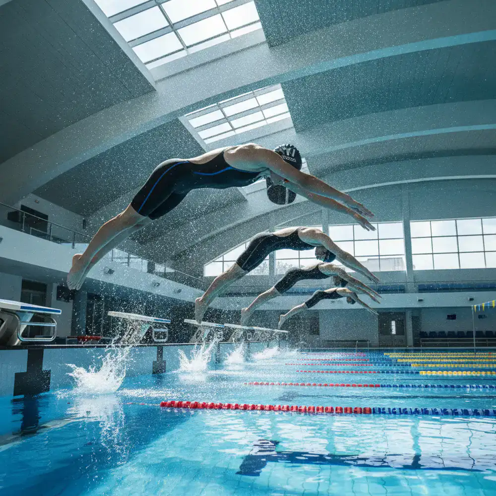 Swimmers diving into a competitive pool