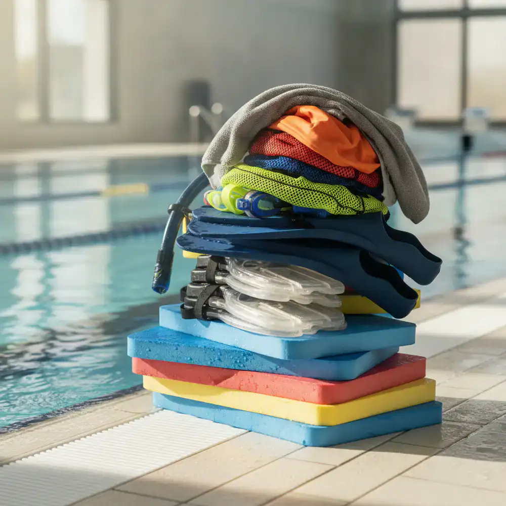 A stack of training kickboards and swim gear near the water