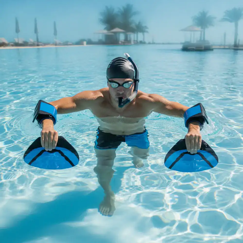 Athlete using SwiftContent Swim training accessories in a pool